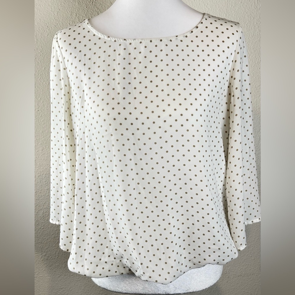 New York & Company White Olive Polka Dot Blouse